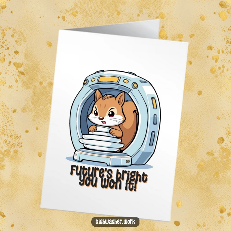Funny Free Printable Congratulations Card: A determined squirrel efficiently loads plates into a shining, advanced, futuristic cleaning appliance.