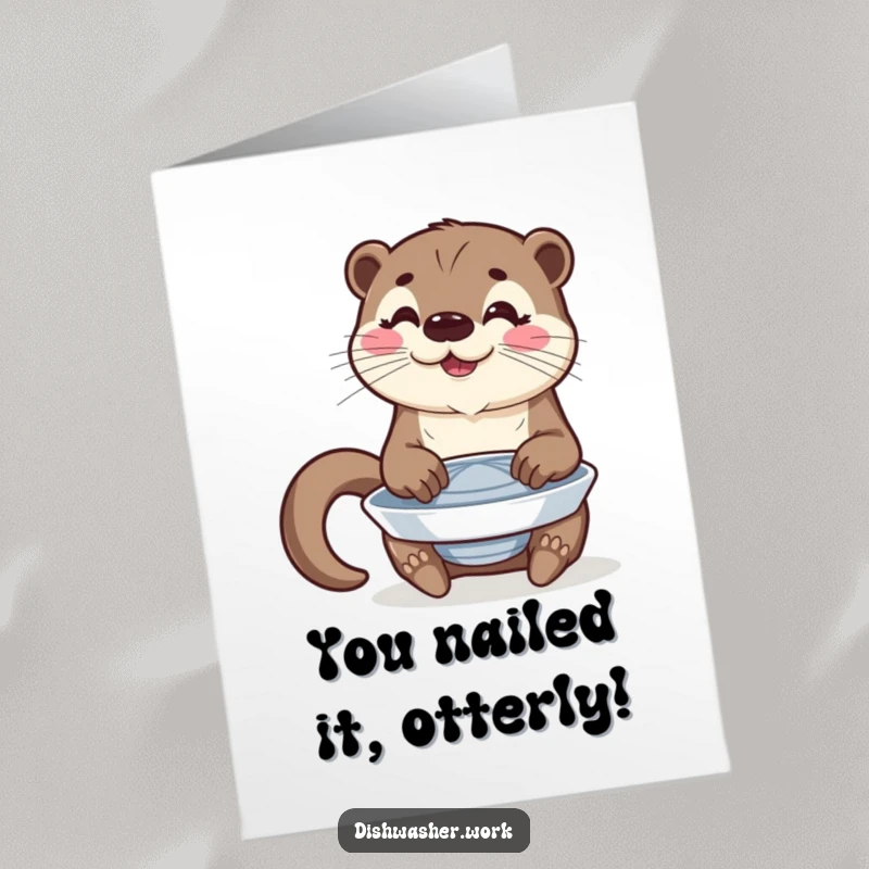 Funny Free Printable Congratulations Card showing a happy otter gleefully polishing a perfectly spinning plate, showcasing its skill.