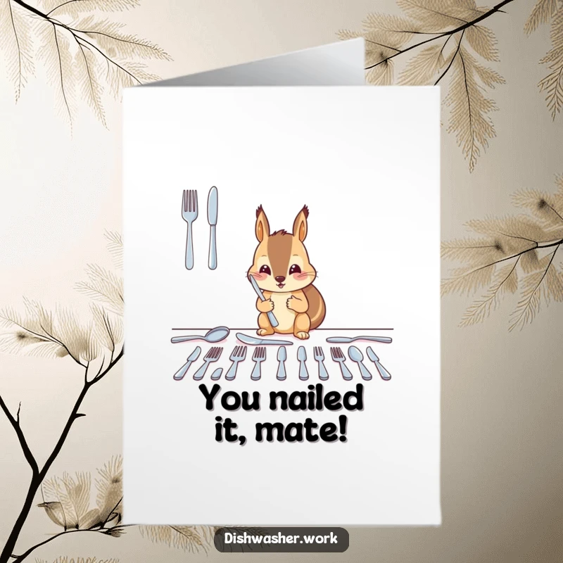Funny Free Printable Squirrel Congratulations Card: Diligent squirrel meticulously arranging shining cutlery in neat rows for congratulations.