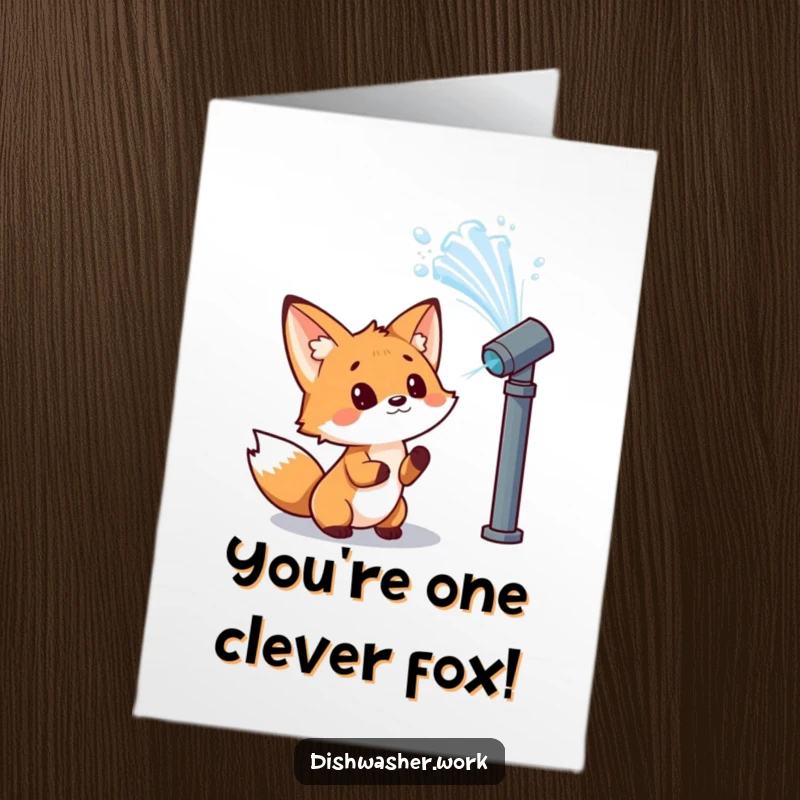 Funny Free Printable Fox Congratulations Card: Curious fox mesmerized by a powerful jet of water from a nozzle.