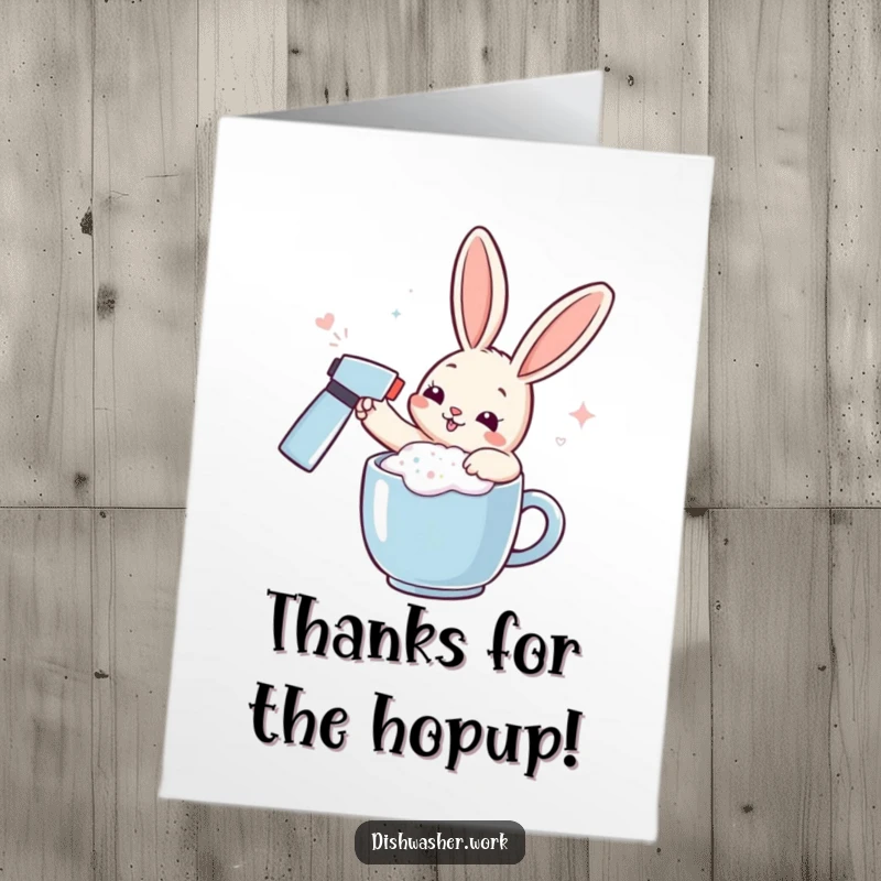 Funny Free Printable Rabbit Thank You Card: Playful rabbit making bubbly foam on a mug to express gratitude.