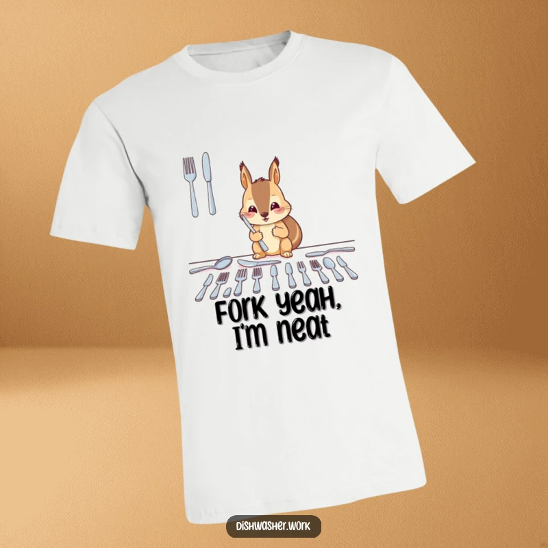 Funny squirrel t-shirt showing a diligent character arranging clean cutlery into neat, shining rows, ideal for a humorous gift.