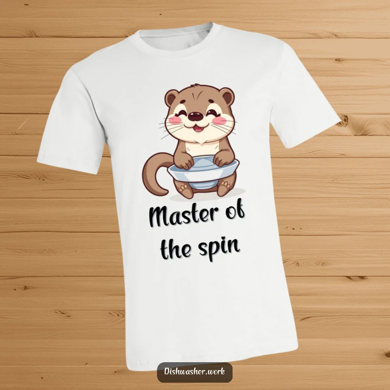 Funny t-shirt depicting a happy otter character polishing a spinning plate with a proud gleam.