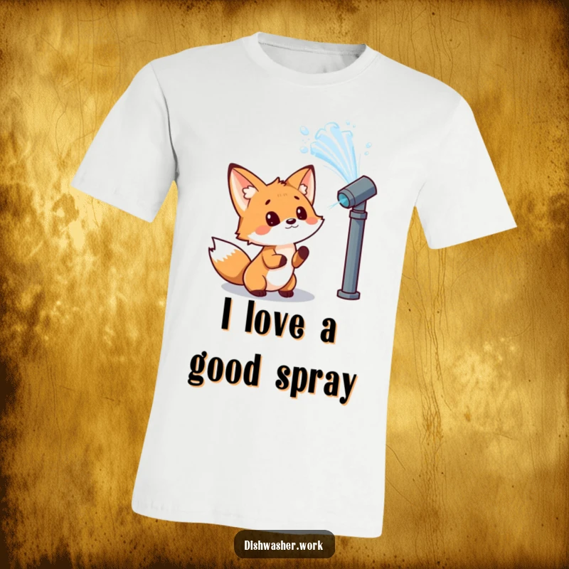 Funny fox t-shirt showing a curious character observing a powerful jet of water from a nozzle with wonder, ideal for a humorous gift.