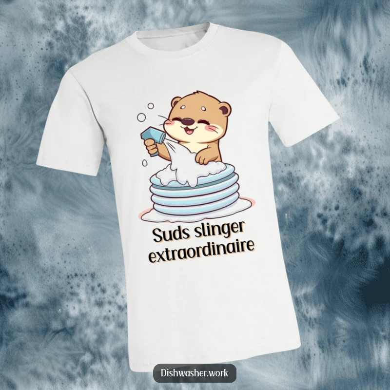 Funny T-Shirt featuring a playful otter character spraying suds enthusiastically onto dirty plates, a humorous depiction of dishwashing.