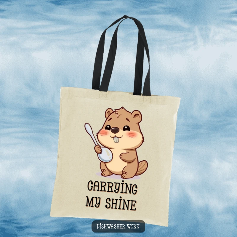 Funny Tote Bag depicting a happy beaver diligently polishing a shiny metal utensil, a humorous accessory for carrying items.