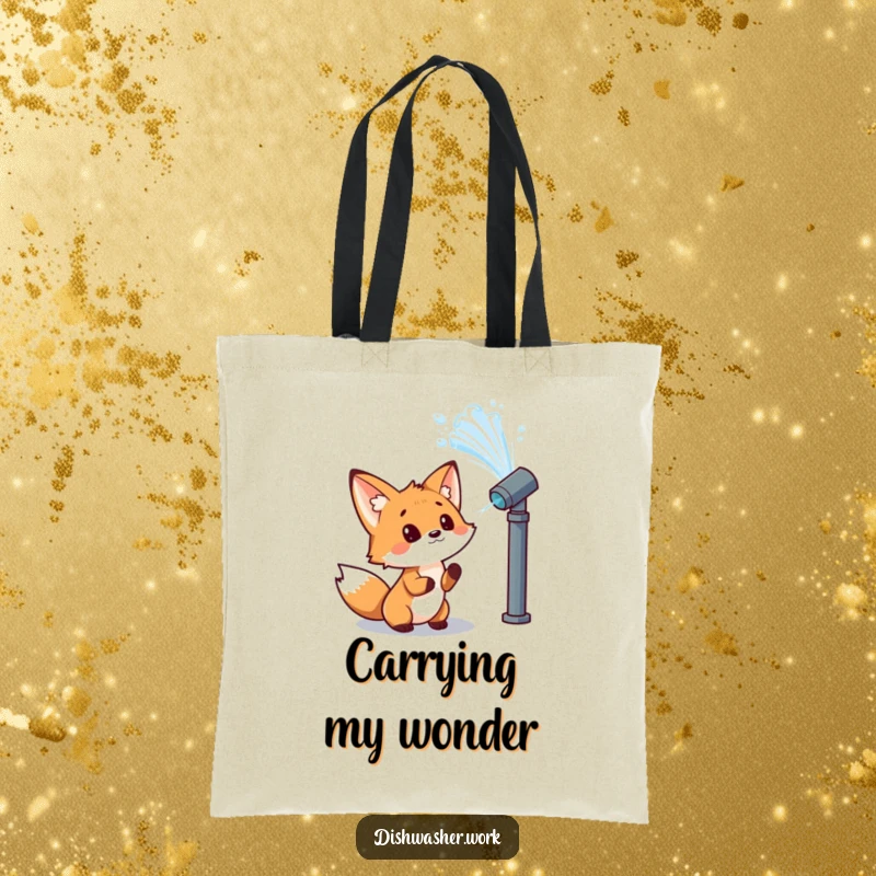 Funny fox tote bag with a curious character observing a powerful jet of water from a nozzle with wonder, great for humorous everyday use.