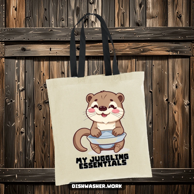 Funny tote bag featuring a happy otter character polishing a spinning plate with a proud gleam.