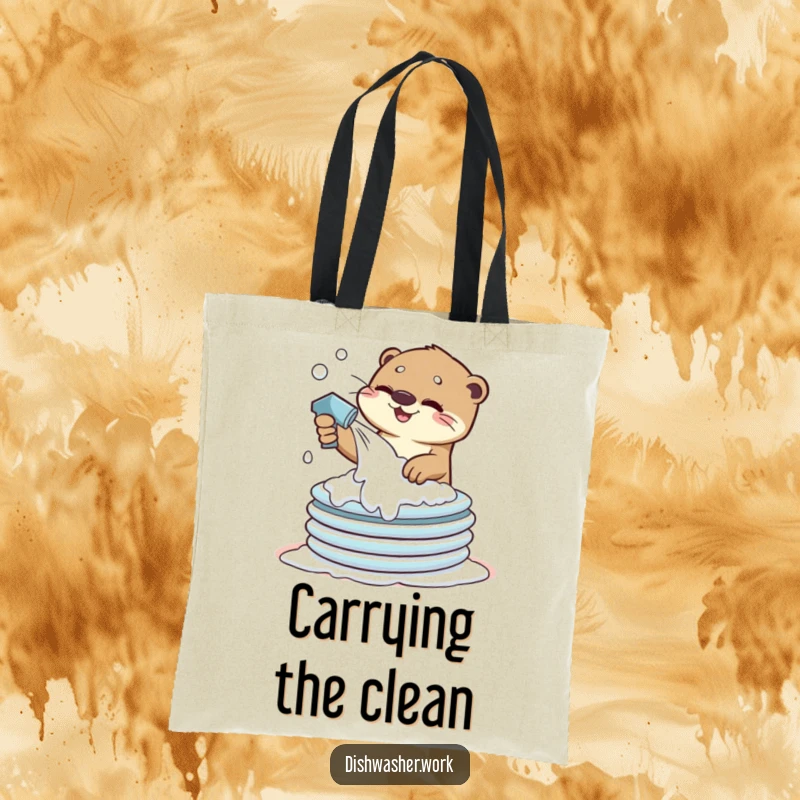 Funny Tote Bag depicting a playful otter spraying suds onto dirty plates, a humorous accessory for carrying essentials.