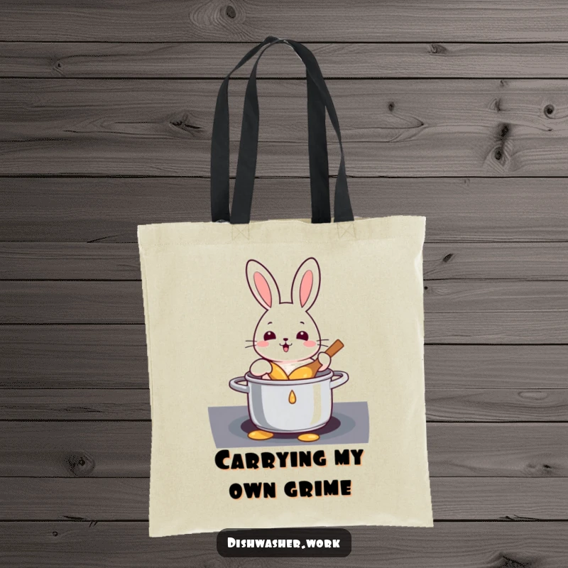 Funny rabbit character scrubbing a pot clean on a tote bag, a humorous and practical accessory.