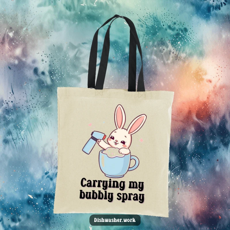 Funny rabbit tote bag with a playful character spraying effervescent foam on a mug, great for humorous everyday use.