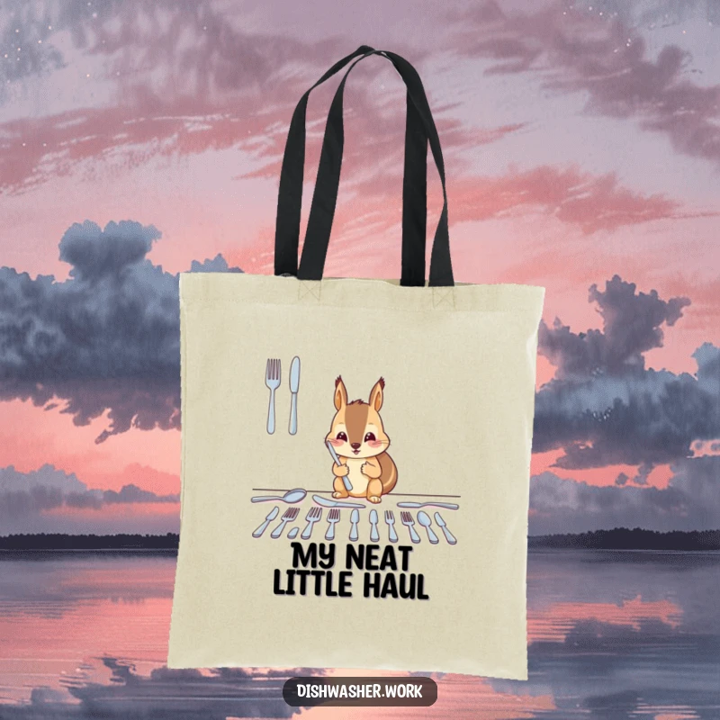 Funny squirrel tote bag with a diligent character arranging clean cutlery into neat, shining rows, great for humorous everyday use.